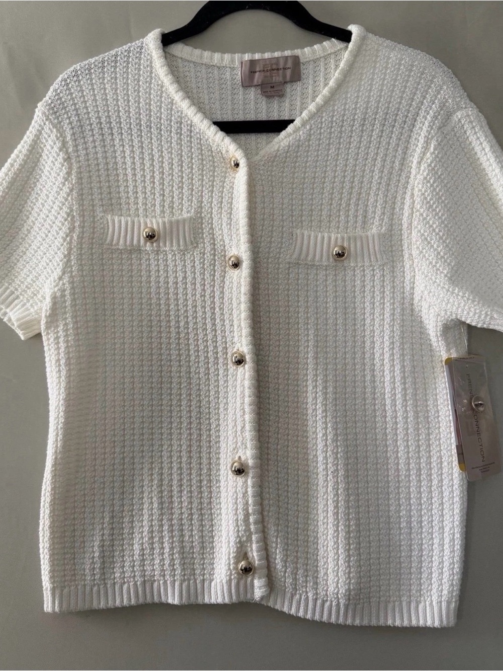 French Connection Egret Short Sleeve Knit Button Cardigan Sweater Women’s M